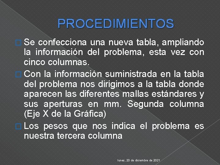 PROCEDIMIENTOS � Se confecciona una nueva tabla, ampliando la información del problema, esta vez