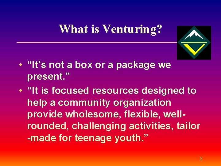 What is Venturing? • “It’s not a box or a package we present. ”
