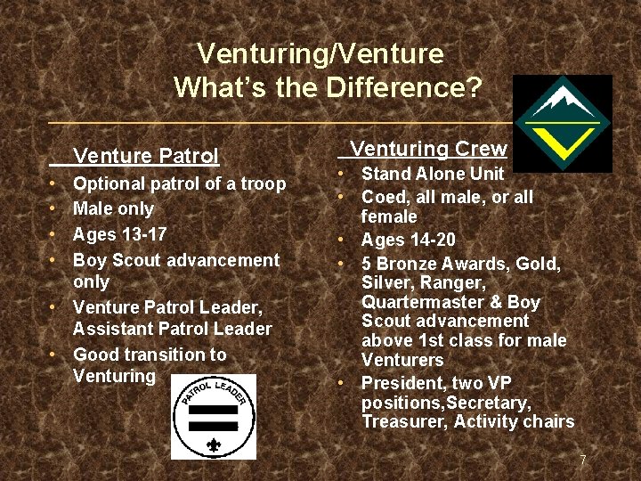 Venturing/Venture What’s the Difference? Venture Patrol • • Optional patrol of a troop Male