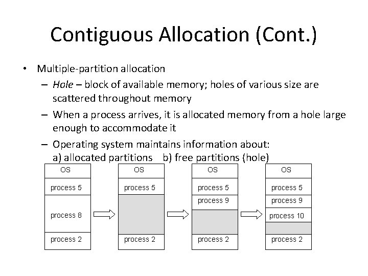 Contiguous Allocation (Cont. ) • Multiple-partition allocation – Hole – block of available memory;