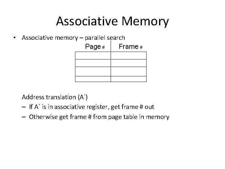 Associative Memory • Associative memory – parallel search Page # Frame # Address translation