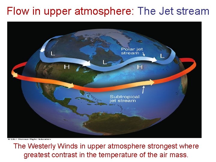 Flow in upper atmosphere: The Jet stream The Westerly Winds in upper atmosphere strongest