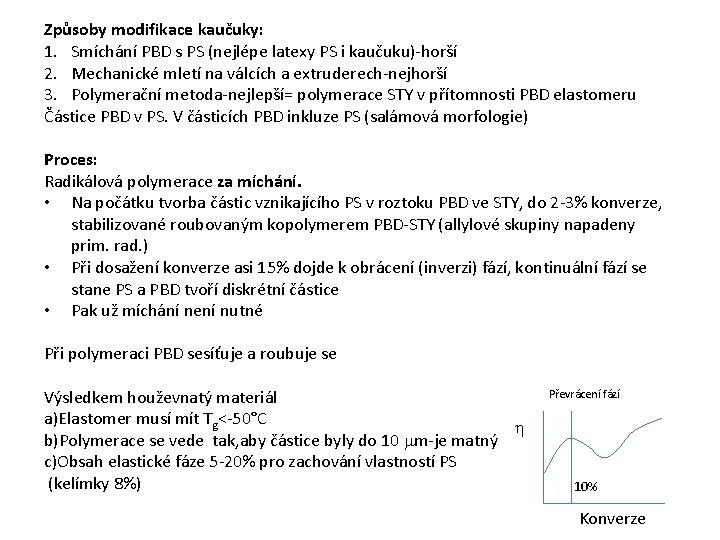 Způsoby modifikace kaučuky: 1. Smíchání PBD s PS (nejlépe latexy PS i kaučuku)-horší 2.