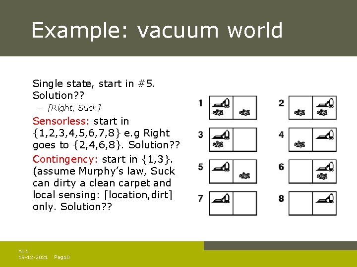 Example: vacuum world Single state, start in #5. Solution? ? – [Right, Suck] Sensorless: