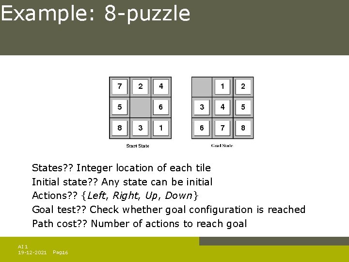 Example: 8 -puzzle States? ? Integer location of each tile Initial state? ? Any