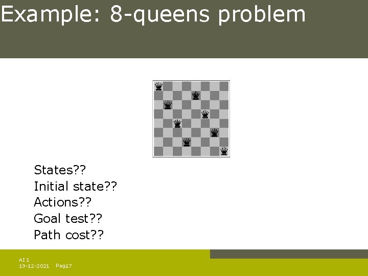Example: 8 -queens problem States? ? Initial state? ? Actions? ? Goal test? ?