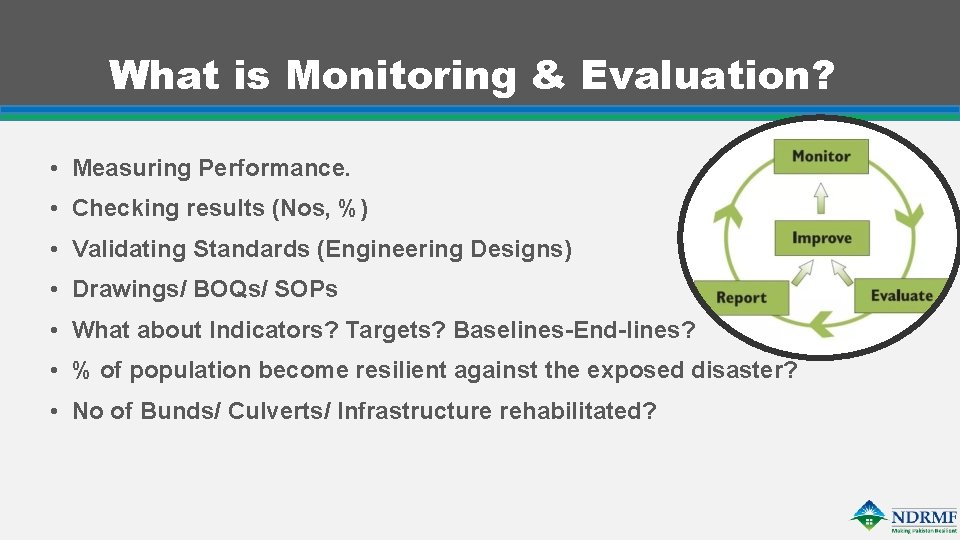 What is Monitoring & Evaluation? • Measuring Performance. • Checking results (Nos, %) •