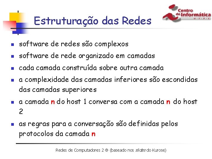 Estruturação das Redes n software de redes são complexos n software de rede organizado
