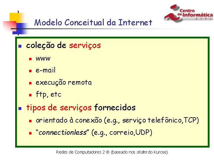 Modelo Conceitual da Internet n n coleção de serviços n www n e-mail n