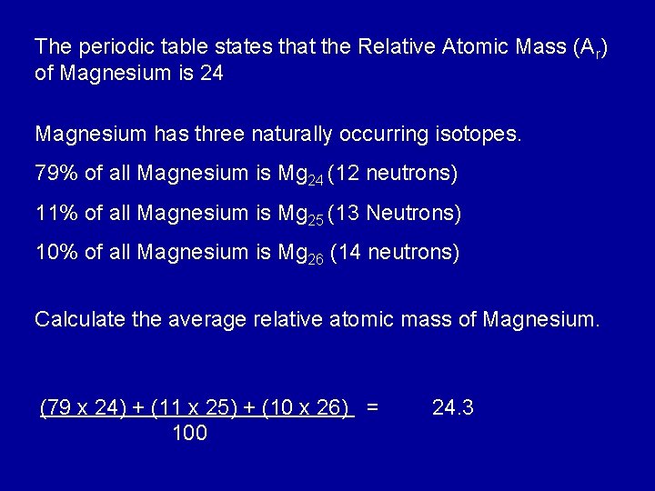 The periodic table states that the Relative Atomic Mass (Ar) of Magnesium is 24