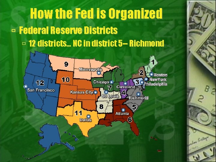 How the Fed is Organized Federal Reserve Districts 12 districts… NC in district 5