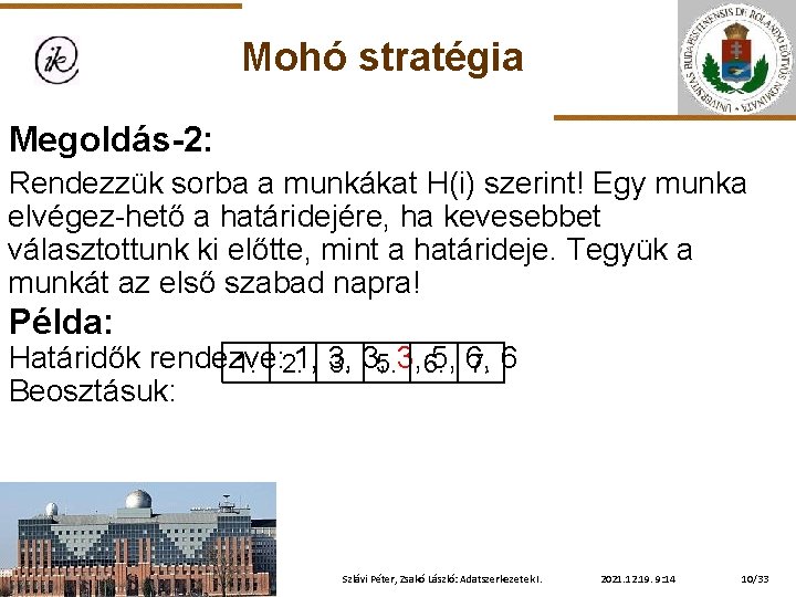 Mohó stratégia Megoldás-2: Rendezzük sorba a munkákat H(i) szerint! Egy munka elvégez-hető a határidejére,