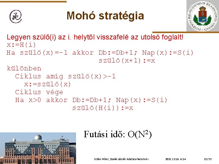 Mohó stratégia Legyen szülő(i) az i. helytől visszafelé az utolsó foglalt! x: =H(i) Ha