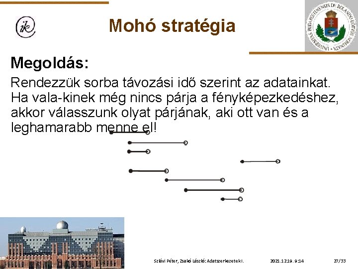 Mohó stratégia Megoldás: Rendezzük sorba távozási idő szerint az adatainkat. Ha vala-kinek még nincs