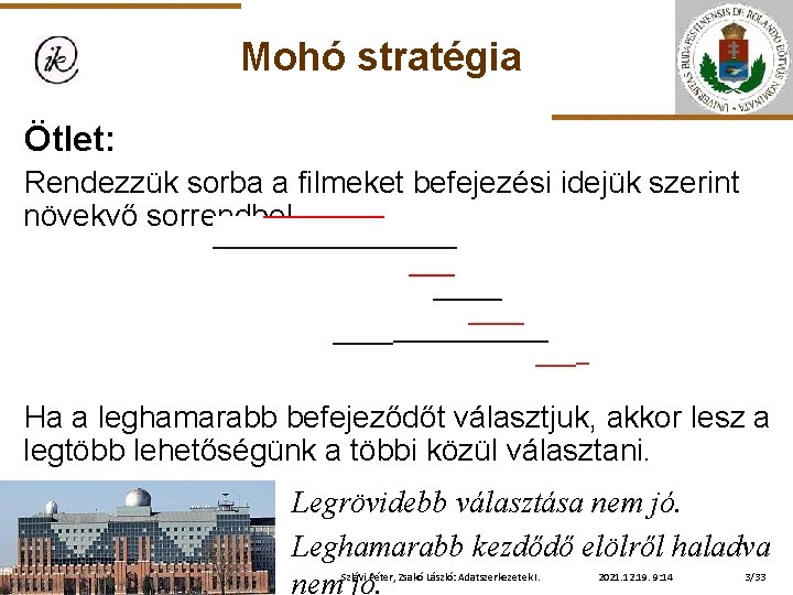 Mohó stratégia Ötlet: Rendezzük sorba a filmeket befejezési idejük szerint növekvő sorrendbe! Ha a