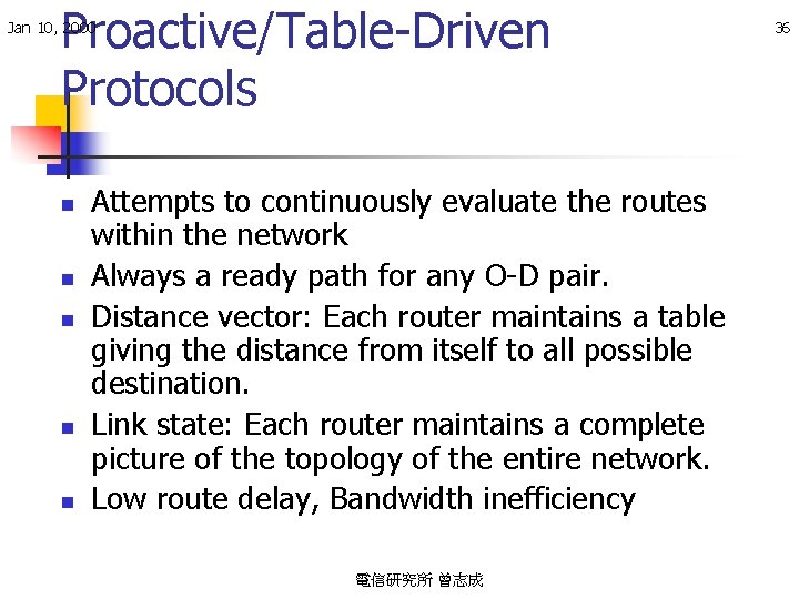 Proactive/Table-Driven Protocols Jan 10, 2000 n n n Attempts to continuously evaluate the routes
