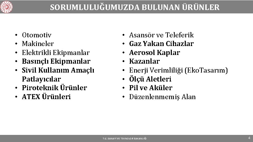 SORUMLULUĞUMUZDA BULUNAN ÜRÜNLER Otomotiv Makineler Elektrikli Ekipmanlar Basınçlı Ekipmanlar Sivil Kullanım Amaçlı Patlayıcılar •