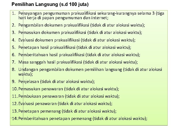 Pemilihan Langsung (s. d 100 juta) 1. Penayangan pengumuman prakualifikasi sekurang-kurangnya selama 3 (tiga