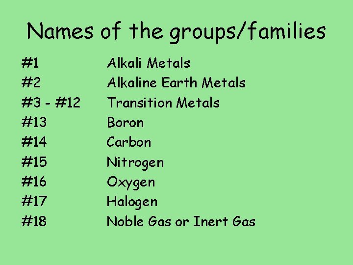 Names of the groups/families #1 #2 #3 - #12 #13 #14 #15 #16 #17