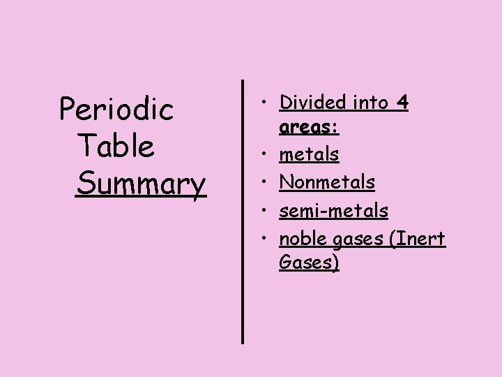 Periodic Table Summary • Divided into 4 areas: • metals • Nonmetals • semi-metals