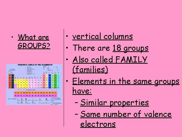  • What are GROUPS? • vertical columns • There are 18 groups •