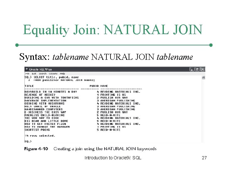 Equality Join: NATURAL JOIN Syntax: tablename NATURAL JOIN tablename Introduction to Oracle 9 i: