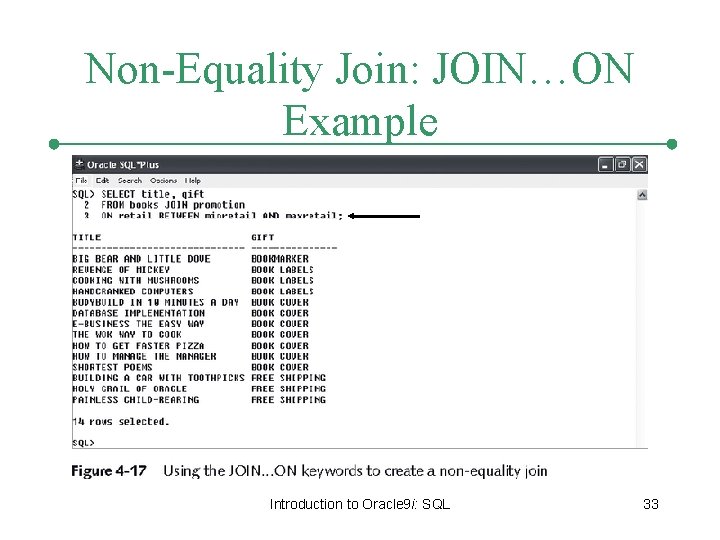 Non-Equality Join: JOIN…ON Example Introduction to Oracle 9 i: SQL 33 
