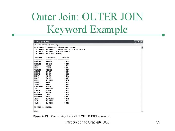 Outer Join: OUTER JOIN Keyword Example Introduction to Oracle 9 i: SQL 39 