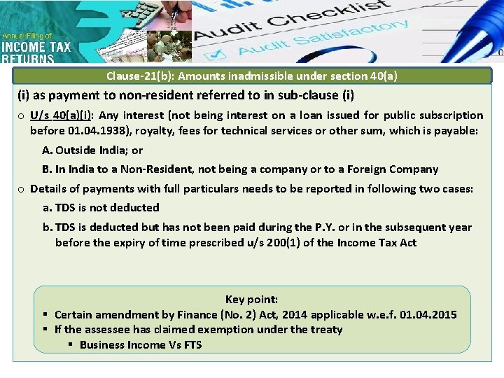 Clause-21(b): Amounts inadmissible under section 40(a) (i) as payment to non-resident referred to in