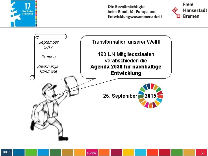 September 2017 Bremen Zeichnungskommune Transformation unserer Welt!! 193 UN Mitgliedsstaaten verabschieden die Agenda 2030