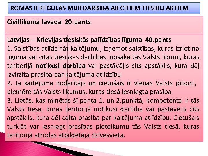 ROMAS II REGULAS MIJIEDARBĪBA AR CITIEM TIESĪBU AKTIEM Civillikuma Ievada 20. pants 20. Saistība,