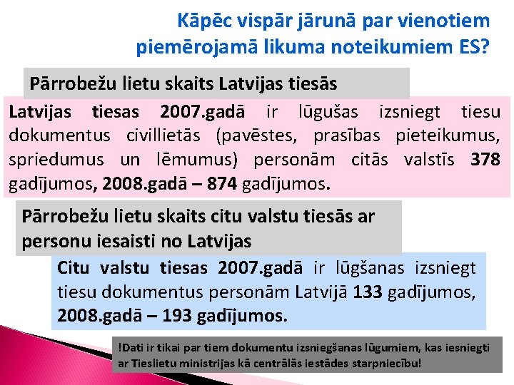 Kāpēc vispār jārunā par vienotiem piemērojamā likuma noteikumiem ES? Pārrobežu lietu skaits Latvijas tiesās