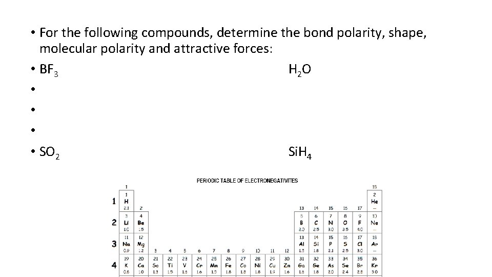  • For the following compounds, determine the bond polarity, shape, molecular polarity and