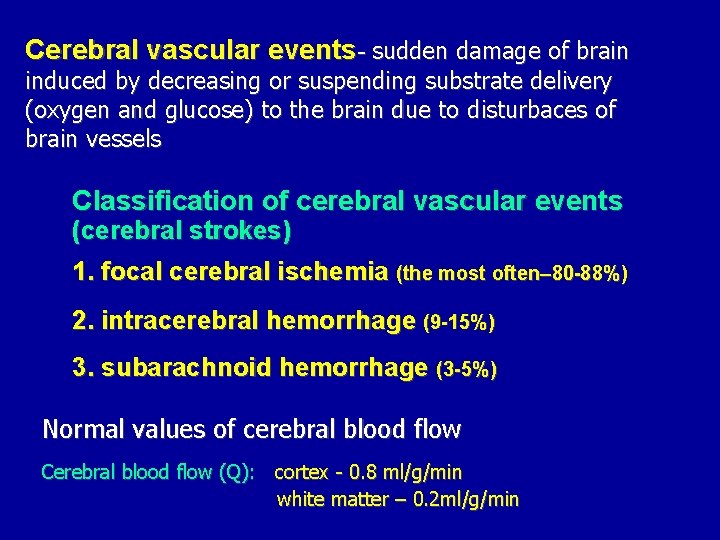 Cerebral vascular events- sudden damage of brain induced by decreasing or suspending substrate delivery