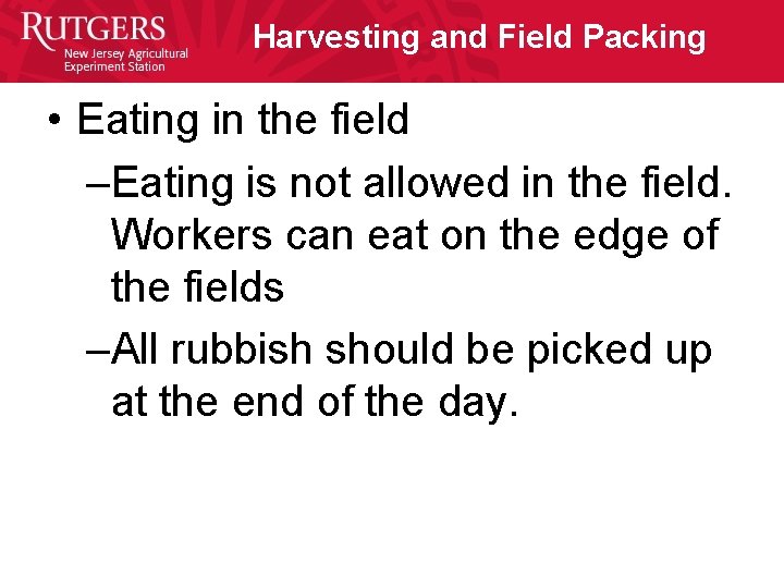 Harvesting and Field Packing • Eating in the field –Eating is not allowed in