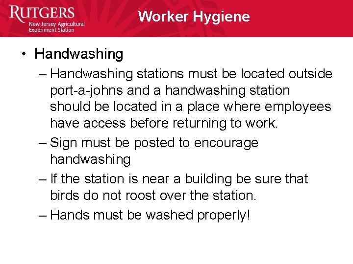 Worker Hygiene • Handwashing – Handwashing stations must be located outside port-a-johns and a