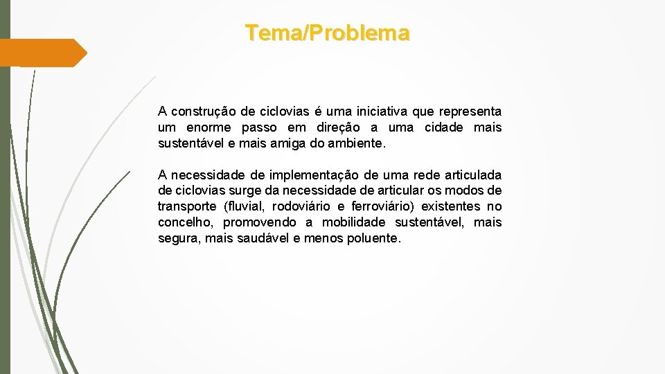 Tema/Problema A construção de ciclovias é uma iniciativa que representa um enorme passo em