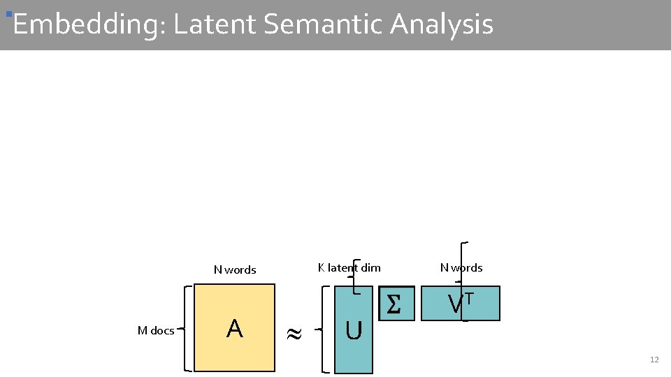 § Embedding: Latent Semantic Analysis K latent dim N words M docs A U