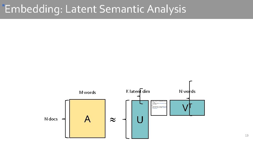 § Embedding: Latent Semantic Analysis K latent dim M words N docs A U