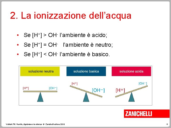 2. La ionizzazione dell’acqua • Se [H+] > OH- l’ambiente è acido; • Se