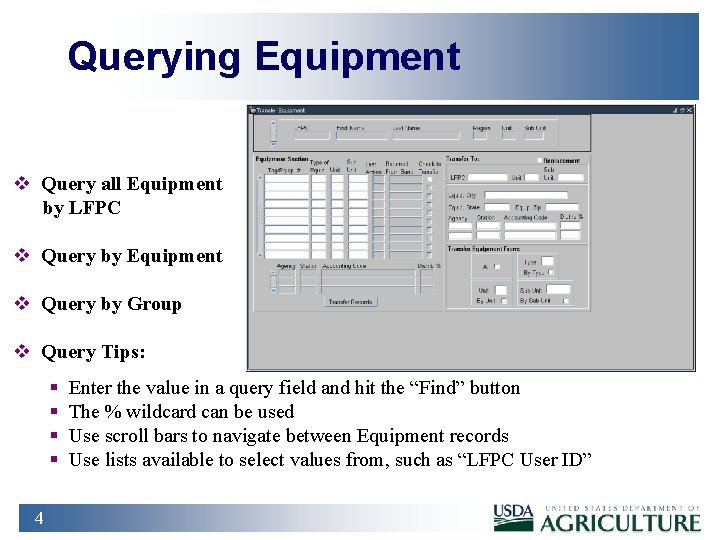 Querying Equipment v Query all Equipment by LFPC v Query by Equipment v Query