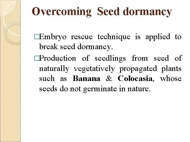 Overcoming Seed dormancy �Embryo rescue technique is applied to break seed dormancy. �Production of