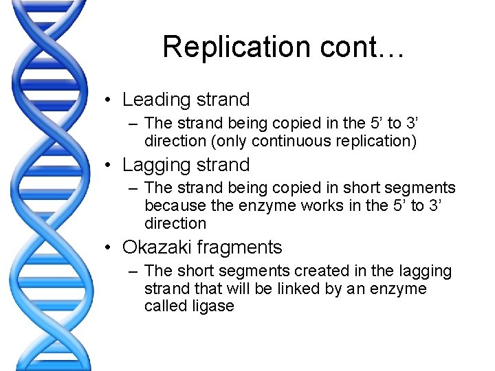 Replication cont… • Leading strand – The strand being copied in the 5’ to