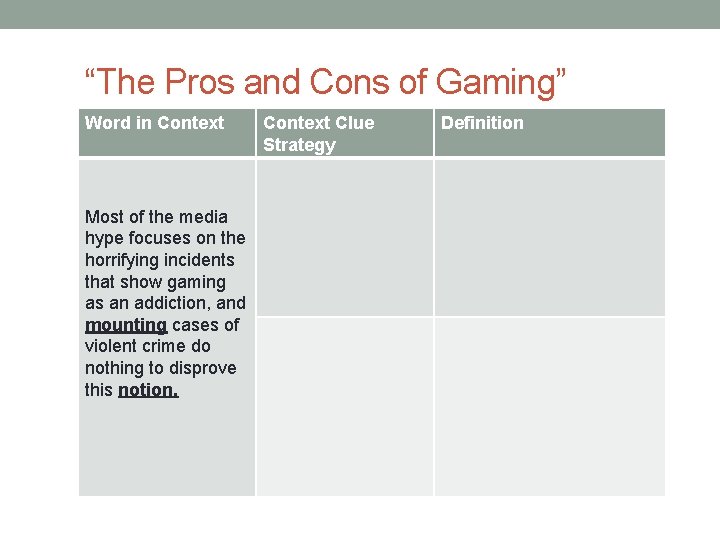 “The Pros and Cons of Gaming” Word in Context Most of the media hype