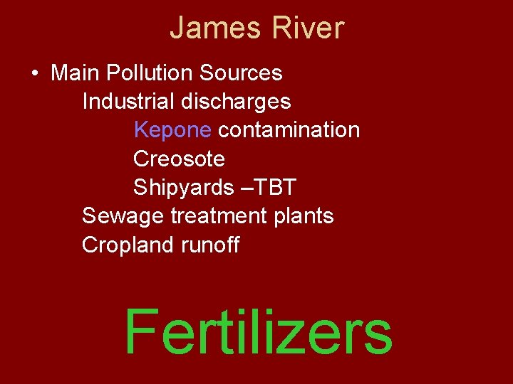 James River • Main Pollution Sources Industrial discharges Kepone contamination Creosote Shipyards –TBT Sewage