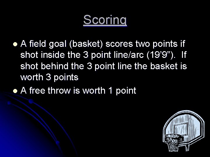 Scoring A field goal (basket) scores two points if shot inside the 3 point