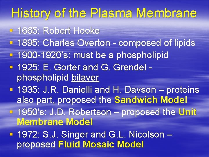 History of the Plasma Membrane § § § § 1665: Robert Hooke 1895: Charles
