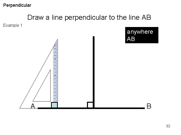 Perpendicular Draw a line perpendicular to the line AB Example 1 anywhere AB A