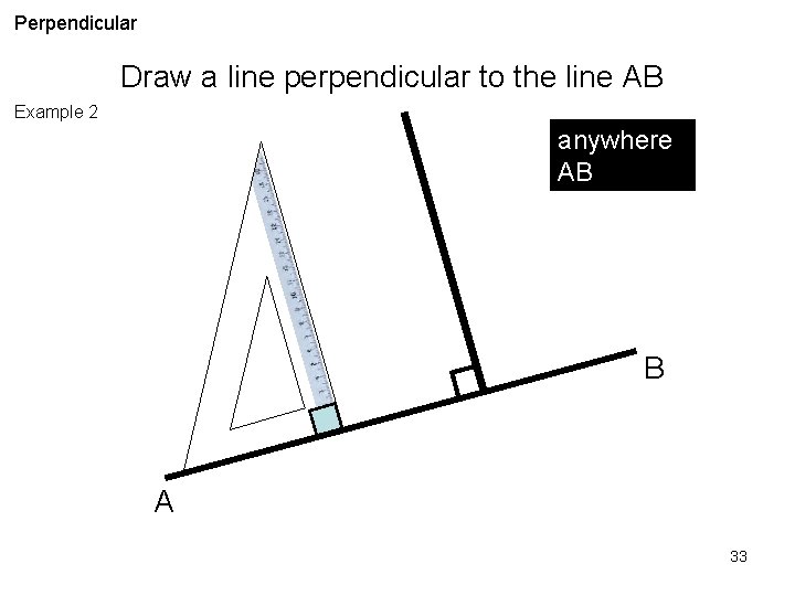 Perpendicular Draw a line perpendicular to the line AB Example 2 anywhere AB B