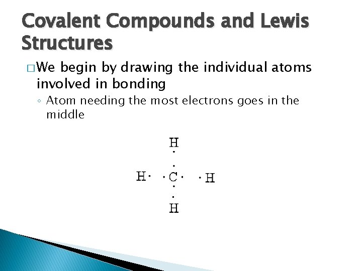 Covalent Compounds and Lewis Structures � We begin by drawing the individual atoms involved